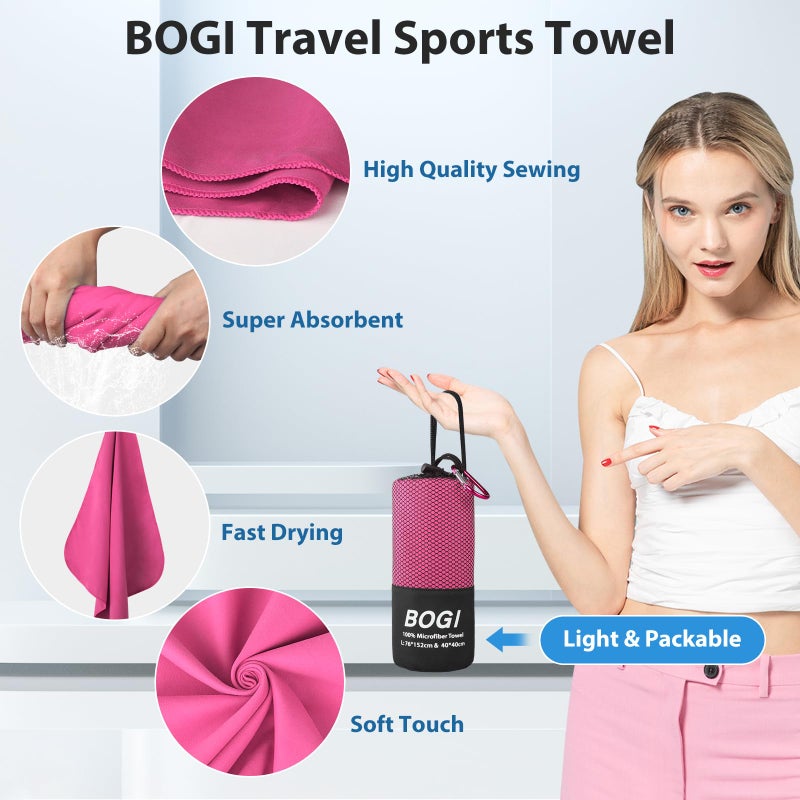 BOGI Microfiber Travel Sports Towel-Quick Dry Towel, Soft Lightweight Microfiber Camping Towel Absorbent Compact Travel Towel for Camping Gym Beach Bath Yoga Swimming Backpacking (M:40''x20''-Hpink) - Image 4